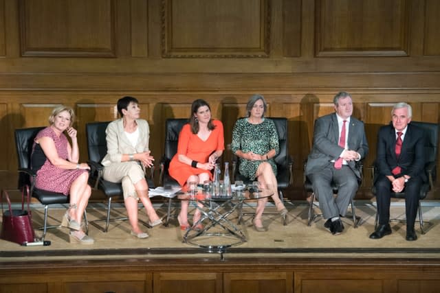 Anna Soubry, Caroline Lucas, Jo Swinson, Liz Saville Roberts, Ian Blackford and John McDonnell during a meeting of a cross-party group of MPs at Church House, Westminster 