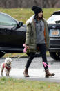 <p>Lucy Hale takes a hike in upstate New York with her pup, Elvis on Thursday. </p>