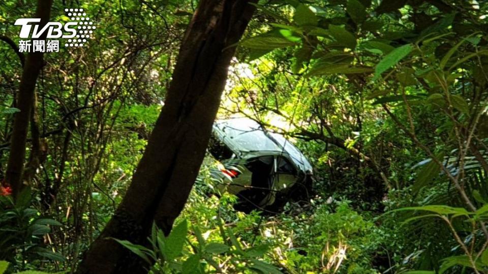 轎車卡在山谷樹林間。（圖／TVBS）