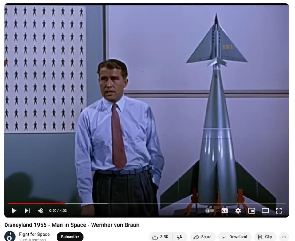 <span>Screenshot from a YouTube video showing Wernher von Braun in a 1950s Disney program about space travel</span>