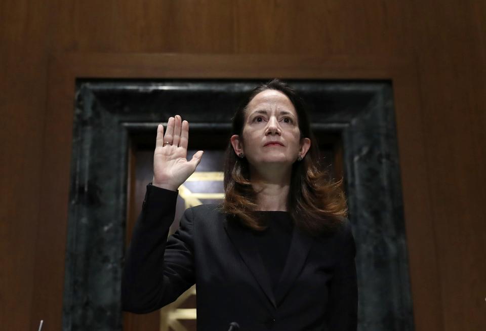 President-elect Joe Biden’s pick for national intelligence director Avril Haines is sworn in during a confirmation hearing before the Senate intelligence committee on Tuesday, Jan. 19, 2021, in Washington.