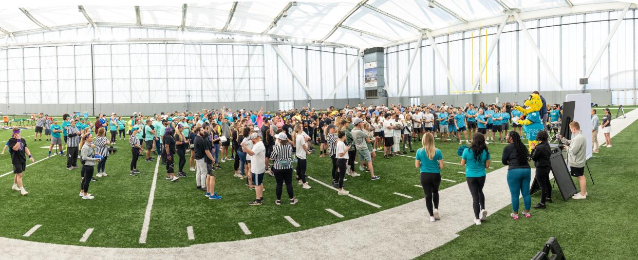 About 340 real estate and infrastructure industry professionals recently competed in a charity fundraising field day at Daily's Place Flex Field. The $35,855 in proceeds go to the American Heart Association Heart Challenge and Goodwill Industries North Florida.