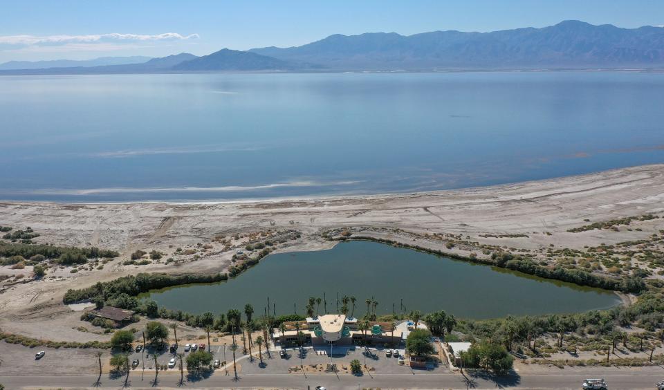 The North Shore Beach & Yacht Club Community Center, bottom, sits along the Salton SeaÕs receding shoreline. On Thursday a press conference was held here touting the North Lake Pilot Demonstration Project, which will be created near the shoreline around the yacht club in Mecca, Calif., Oct. 19, 2023.
