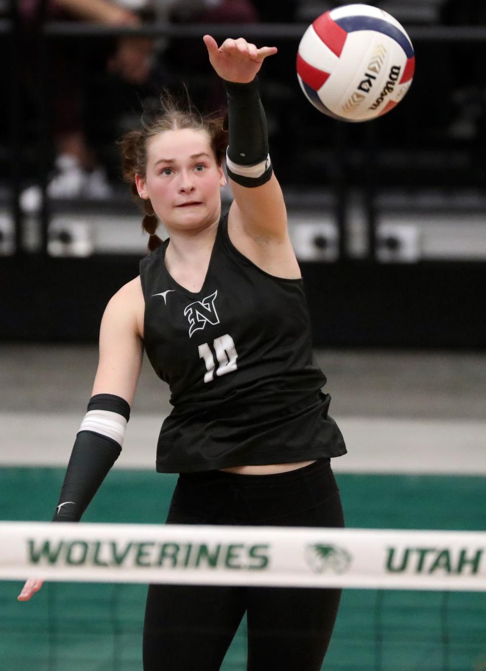 Northridge High’s Bailee Tucker hits the ball during a 5A volleyball state tournament quarterfinal game against Alta at the UCCU Center in Orem on Thursday, Nov. 2, 2023. | Kristin Murphy, Deseret News