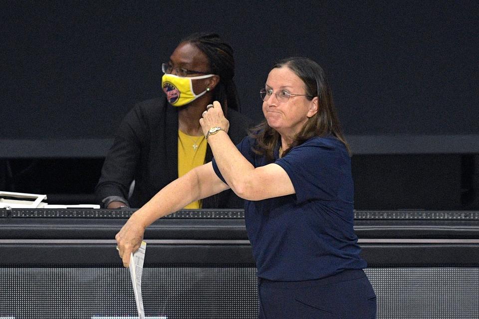 Indiana Fever head coach Marianne Stanley reacts after a play during the first half of a WNBA basketball game against the Seattle Storm, Tuesday, Aug. 25, 2020, in Bradenton, Fla. (AP Photo/Phelan M. Ebenhack)