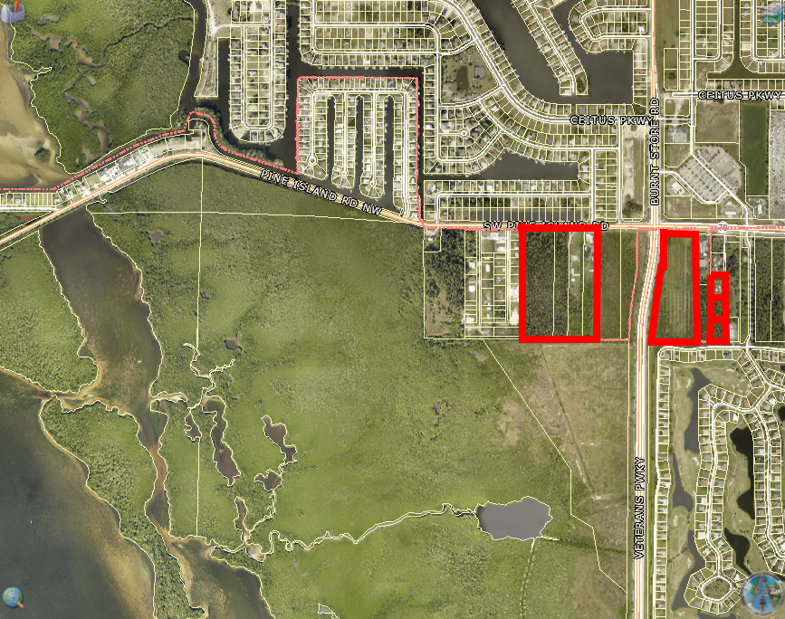 The group of two parcels, 12.47 acres and 25 acres respectively, located at the intersection on South of Pine Island Road, east and west of Veterans Parkway.