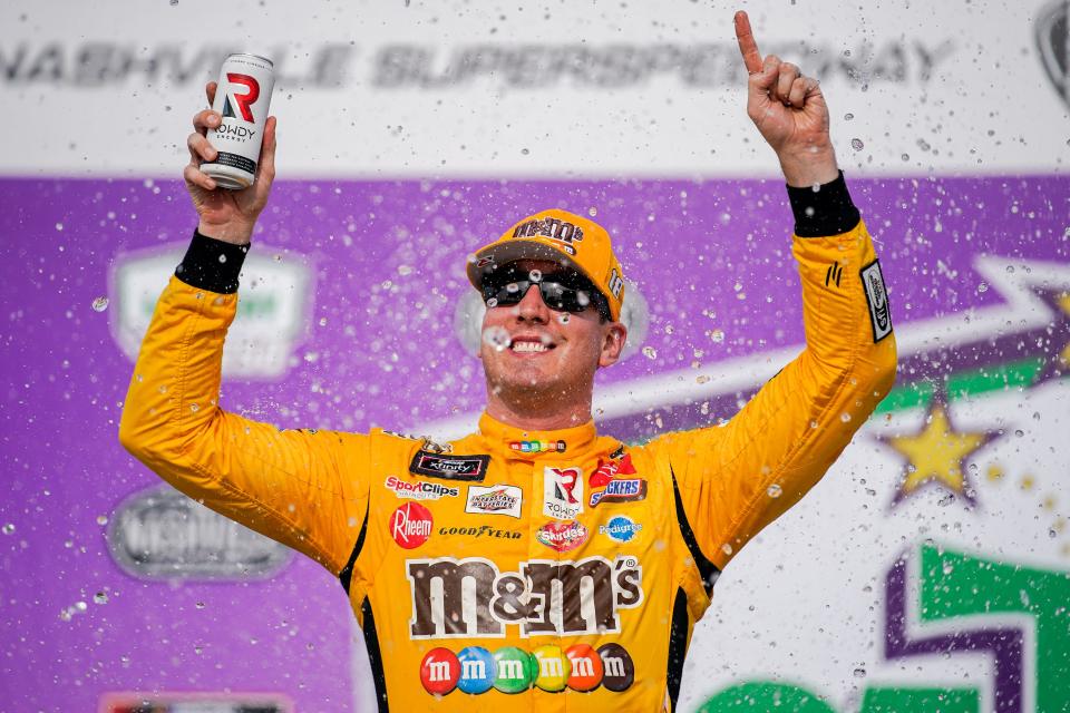 NASCAR Xfinity Series driver Kyle Busch (54) celebrates in victory lane after winning the Tennessee Lottery 250 NASCAR Xfinity Series race at the Nashville Superspeedway in Lebanon, Tenn., Saturday, June 19, 2021.