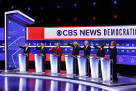 From left, Democratic presidential candidates, former New York City Mayor Mike Bloomberg, former South Bend Mayor Pete Buttigieg, Sen. Elizabeth Warren, D-Mass., Sen. Bernie Sanders, I-Vt., former Vice President Joe Biden, Sen. Amy Klobuchar, D-Minn., and businessman Tom Steyer, participate in a Democratic presidential primary debate at the Gaillard Center, Tuesday, Feb. 25, 2020, in Charleston, S.C., co-hosted by CBS News and the Congressional Black Caucus Institute. (AP Photo/Patrick Semansky)