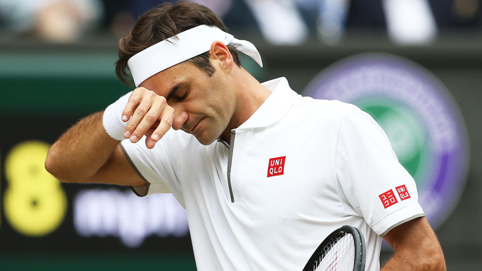 Roger Federer is pictured during the final of the men's singles at Wimbledon in 2019.