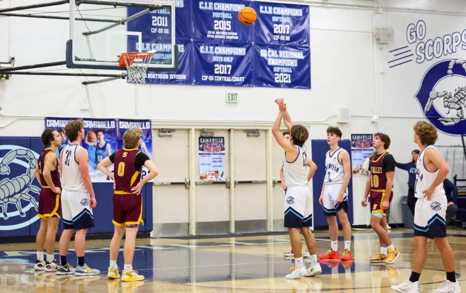 Camarillo's Tyler Hook shoots a free throw against Simi Valley during a Coastal Canyon League game at Camarillo High on Friday, Jan. 26, 2024. Hook scored 27 points in a 66-42 win to help the Scorpions remain tied for first place in league.