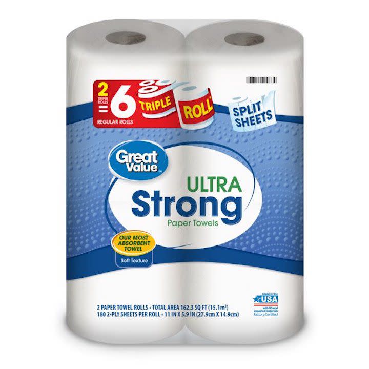 Great Value Ultra Strong Paper Towels, Split Sheets, 2 Triple Rolls