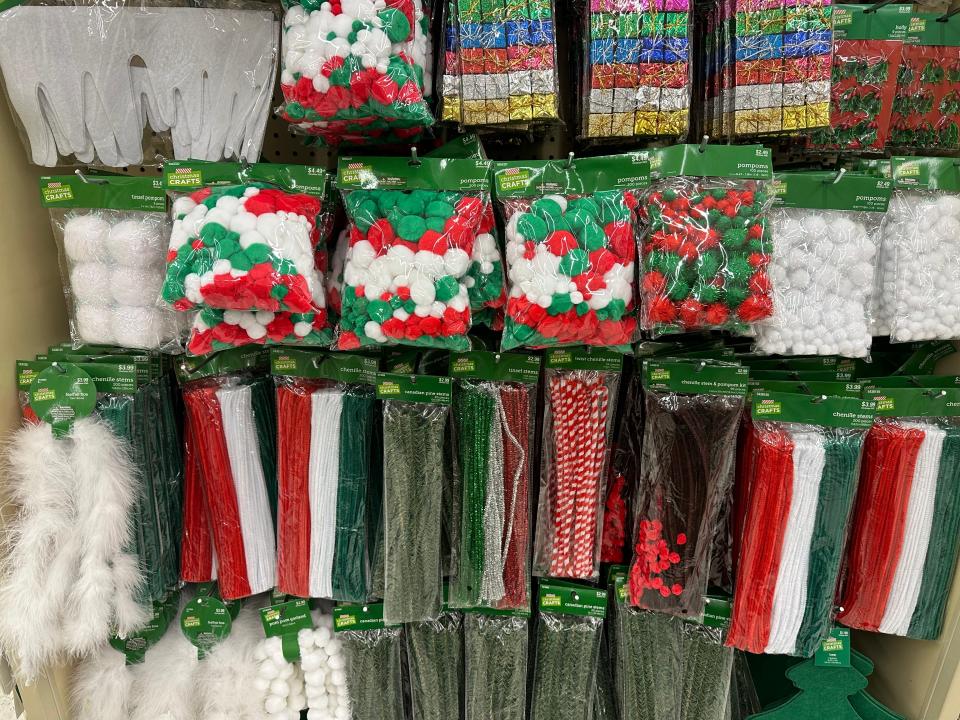 red, green, and white craft supplies at hobby lobby