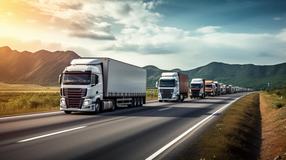 A fleet of trucks travelling on a highway, emphasizing the transportation Services provided by the organization.