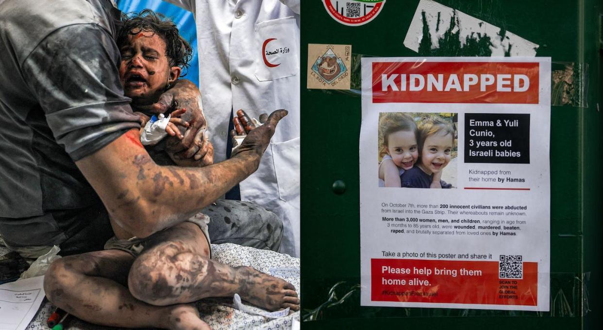 Both Palestinian children in Gaza, as shown on left, and Israeli children, as seen on the right, have been hurt, killed and kidnapped in the Israel-Hamas war. Mahmud Hams/AFP via Getty Images/Roy Rochlin/Getty Images