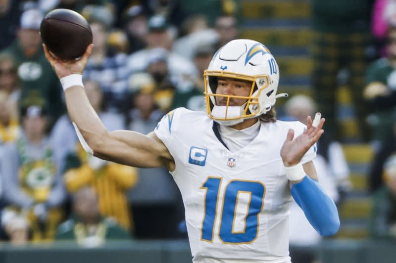 Los Angeles Chargers quarterback Justin Herbert fractured the index finger on his right throwing hand during a loss to the Denver Broncos on Sunday in Inglewood, Calf. File Photo by Tannen Maury/UPI