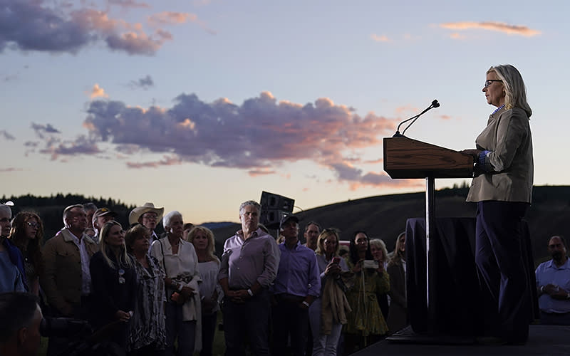 Rep. Liz Cheney (R-Wyo.) speaks on Aug. 16 at a primary Election Day gathering at Mead Ranch in Jackson, Wyo. Cheney lost to challenger Harriet Hageman in the primary. <em>Associated Press/Jae C. Hong</em>