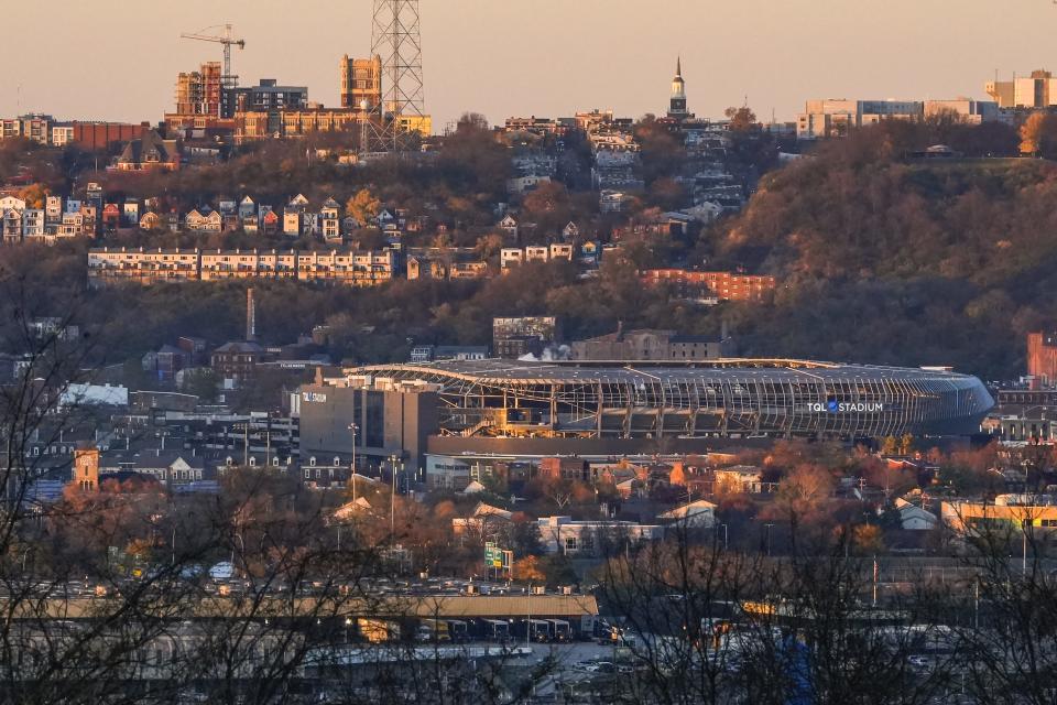 The sun sets over TQL Stadium in West End on Nov. 18, as seen from the Scenic Overlook at Devou Park in Covington, Ky.