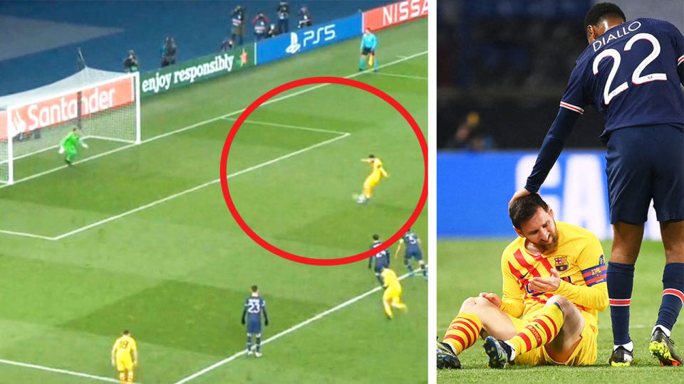 Lionel Messi (pictured right) frustrated on the ground and (pictured left) missing a penalty.