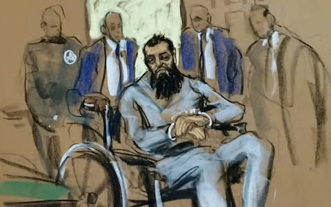 Sayfullo Saipov, the suspect in the New York City truck attack, is seen in this courtroom sketch appearing in Manhattan federal courtroom in a wheelchair  - Credit: Reuters