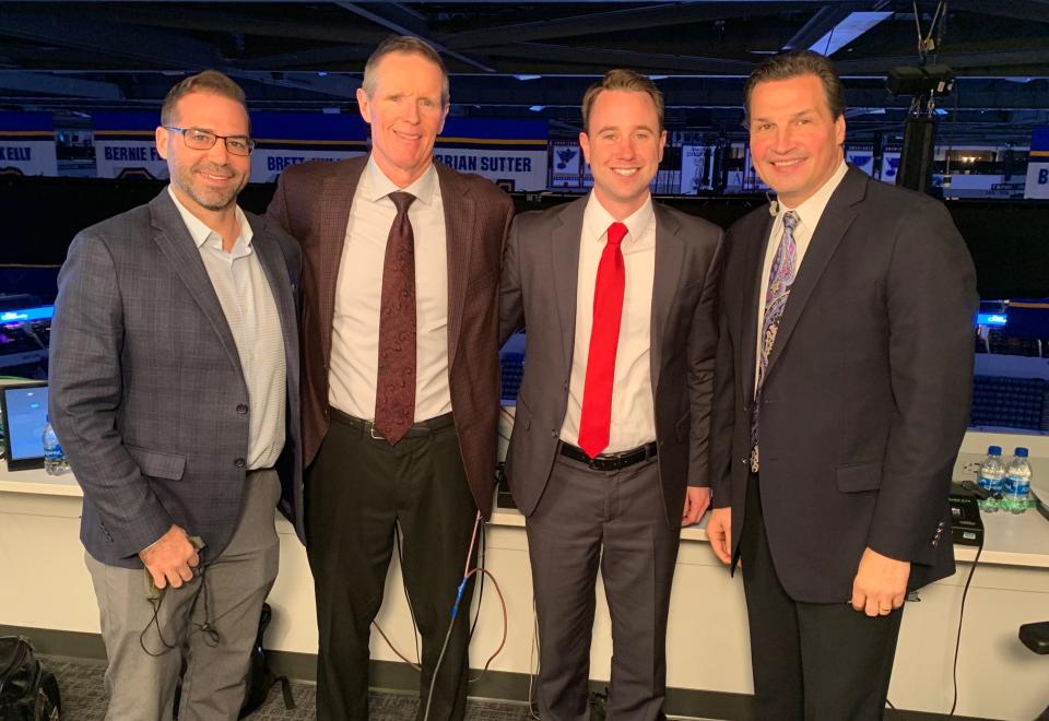 Former Rivermen radio voice Alan Fuehring, with Chicago Blackhawks broadcast team members Paul Caponigri (far left), Pat Foley (second left) and Eddie Olczyk before Chicago played the Blues in St. Louis on Saturday, Oct. 27, 2021.