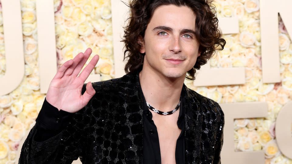 “Dune” and "Wonka" star Timothée Chalamet wore an all-black Celine Homme number with a touch of shimmer and sparkle. - Monica Schipper/GA/The Hollywood Reporter/Getty Images