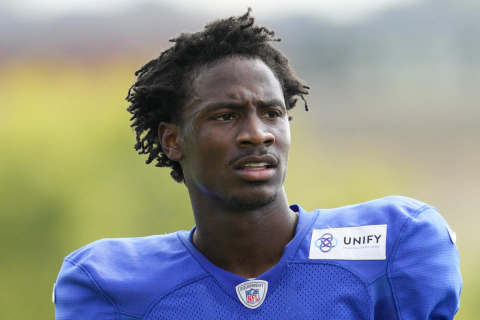 FILE - Los Angeles Rams wide receiver Tutu Atwell participates in a drill during a joint practice with the Cincinnati Bengals at the Bengals' NFL football training facility Aug. 24, 2022, in Cincinnati. Atwell did not get to play in the Rams’ preseason because coach Sean McVay expects the second-year receiver to be a contributor during the regular season, and he did not want to risk an injury. (AP Photo/Jeff Dean, File)