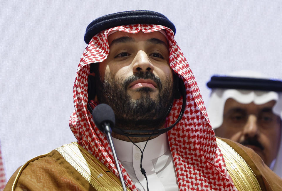 FILE - Saudi Arabian Crown Prince Mohammed bin Salman attends a Partnership for Global Infrastructure and Investment event at the G20 summit in New Delhi, India, Sept. 9, 2023. Saudi Arabia's most recent venture into the global sports scene — purchasing a stake in the Professional Fighters League — is yet another example of the oil-rich kingdom using athletics to increase its influence. (AP Photo/Evelyn Hockstein, Pool, File)