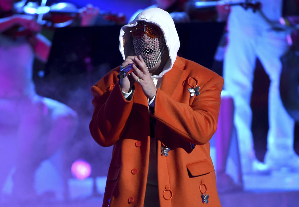 Bad Bunny performs at the 20th Latin Grammy Awards on Thursday, Nov. 14, 2019, at the MGM Grand Garden Arena in Las Vegas. (AP Photo/Chris Pizzello)