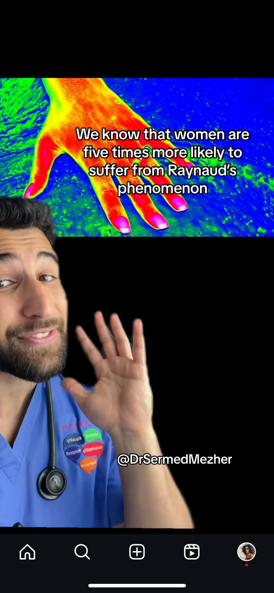 Dr. Sermed Mezher, highlights that women are five times more likely to suffer from Raynaud's phenomenon, with an infrared image of a hand in the background