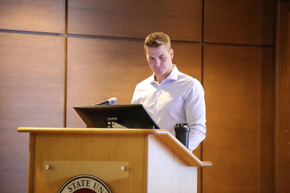Florida State University doctoral student Chris Hagemeyer speaks at the inaugural event of the TOM Project on Oct. 14, 2022.