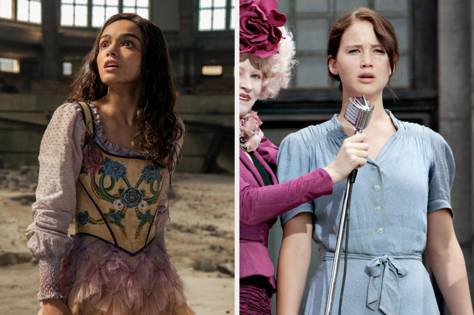 Side-by-sides of Lucy Gray and Katniss in their mother's dresses