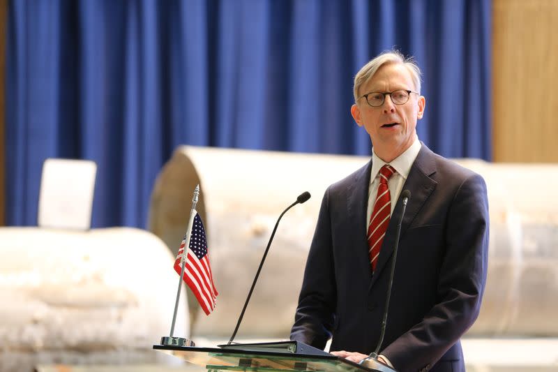 U.S. Special Representative for Iran Brian Hook speaks during a joint news conference with Saudi Arabia's Minister of State for Foreign Affairs Adel al-Jubeir, in Riyadh