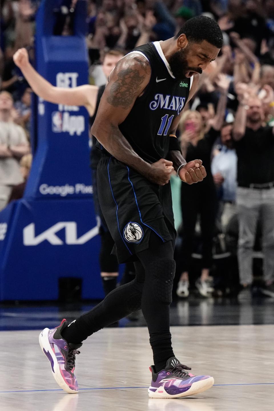 DALLAS, TEXAS - MAY 18: Kyrie Irving #11 of the Dallas Mavericks reacts during the fourth quarter against the Oklahoma City Thunder in Game Six of the Western Conference Second Round Playoffs at American Airlines Center on May 18, 2024 in Dallas, Texas. NOTE TO USER: User expressly acknowledges and agrees that, by downloading and or using this photograph, User is consenting to the terms and conditions of the Getty Images License Agreement. (Photo by Sam Hodde/Getty Images)