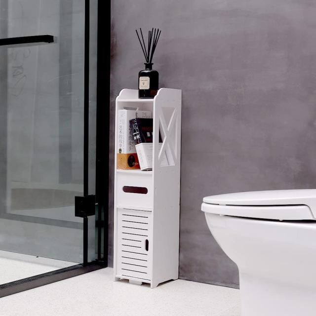 Waterproof Bathroom Shower Corner Cabinet Toilet Storage Floor Standing  White