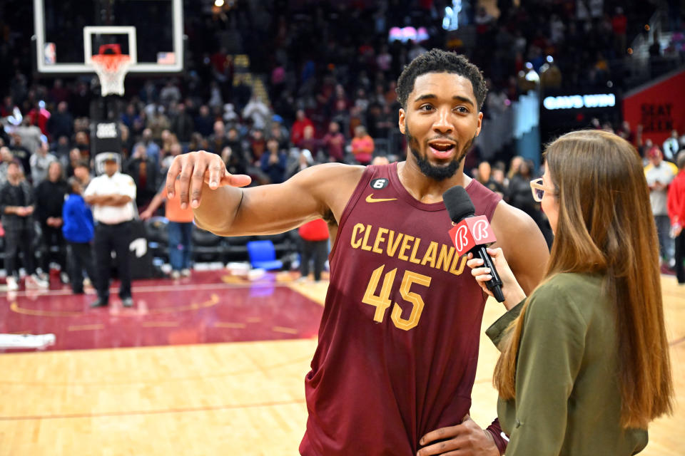 CLEVELAND, OHIO - JANUARY 02: Donovan Mitchell #45 of the Cleveland Cavaliers dose an interview after scoring a Cavaliers franchise record 71 points against the Chicago Bulls at Rocket Mortgage Fieldhouse on January 02, 2023 in Cleveland, Ohio. The Cavaliers defeated the Bulls 145-134. NOTE TO USER: User expressly acknowledges and agrees that, by downloading and or using this photograph, User is consenting to the terms and conditions of the Getty Images License Agreement. (Photo by Jason Miller/Getty Images)