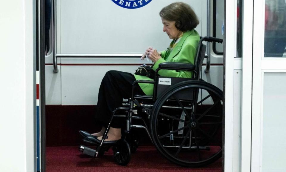 Senator Dianne Feinstein, 90, sits in a wheelchair on the Senate subway on Capitol Hill in July.