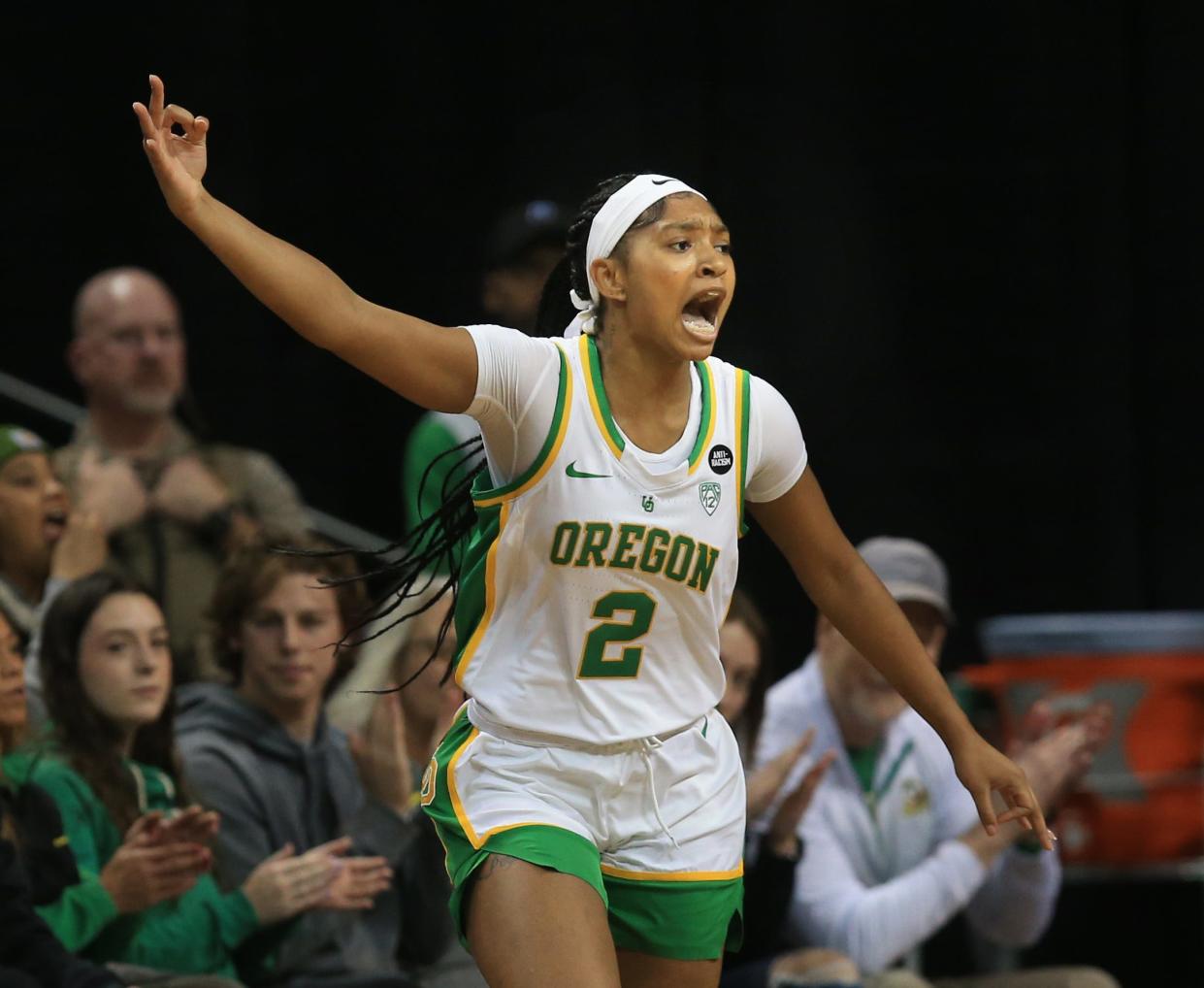 Oregon's  Chance Gray celebrates a 3-point shot during the first quarter against Oregon State at Matthew Knight Arena in Eugene Dec 11, 2022.