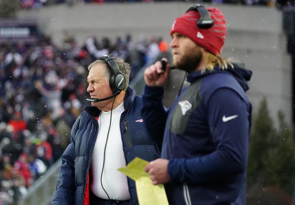 The Belichicks are one of the most well-known examples of nepotism in the NFL. Here, New England Patriots head coach Bill Belichick is on the sideline with one of two sons he employs, outside linebackers coach Steve Belichick (foreground). (David Butler II-USA TODAY Sports)