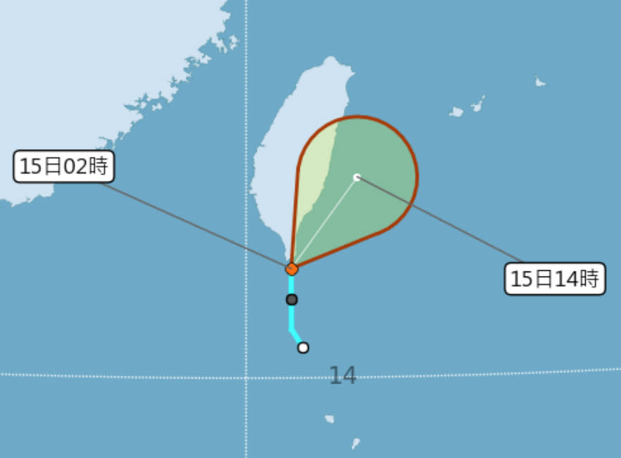 熱帶低壓目前正位於鵝鑾鼻南南東方20公里海面上，預估不會登陸，將沿著東部海面往東北移動，過程中將會逐漸減弱。（圖片來源：氣象局，下同）