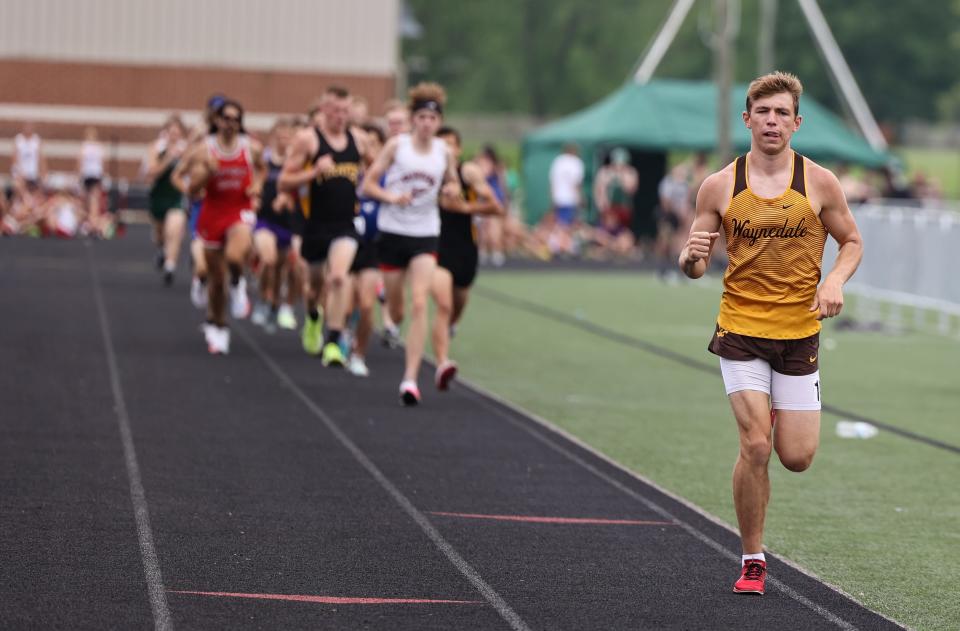 Waynedale's JJ Varner separates himself from the crowd as he wins the 3,200 at the Div. II Orrville District to qualify for regionals.