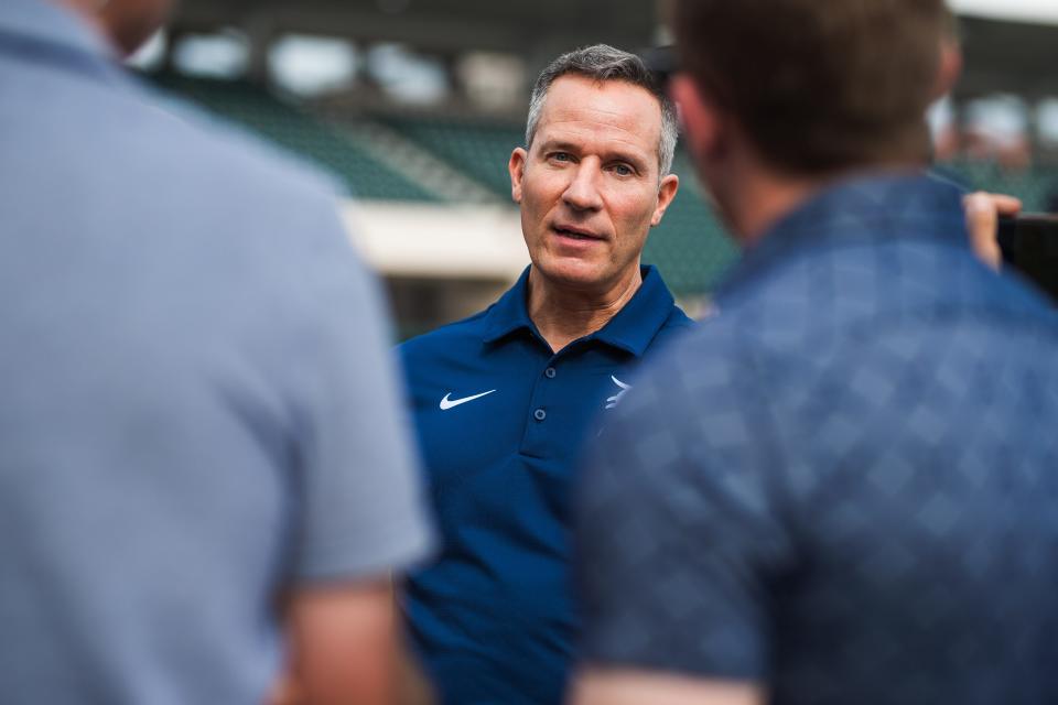 Chris Ilitch attends a spring training workout at Joker Marchant Stadium in Lakeland, Florida on March 23, 2022.