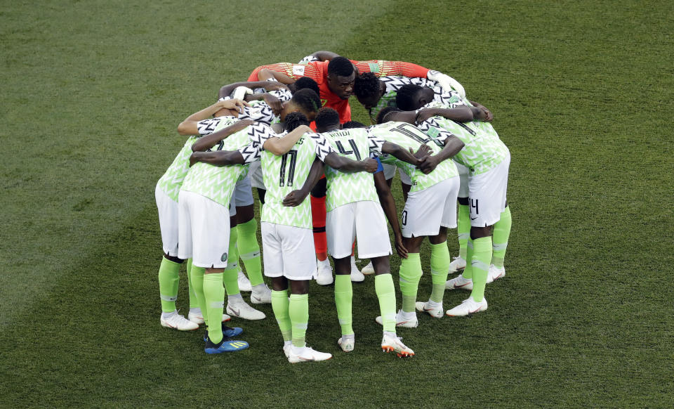 <p>Nigeria squad gather prior to the group D match </p>