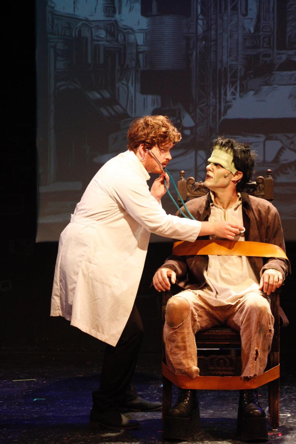 DJ Ormond as Dr. Frankenstein and Matt Gardner as the Monster in "Young Frankenstein," which runs through Oct. 29 at Cape Cod Theatre Company in Harwich.