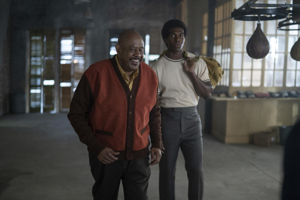 This image released by Sony Pictures shows Forest Whitaker, left, and Khris Davis in a scene from "Big George Foreman: The Miraculous Story of the Once and Future Heavyweight Champion of the World." (Alan Markfield/Sony Pictures via AP)