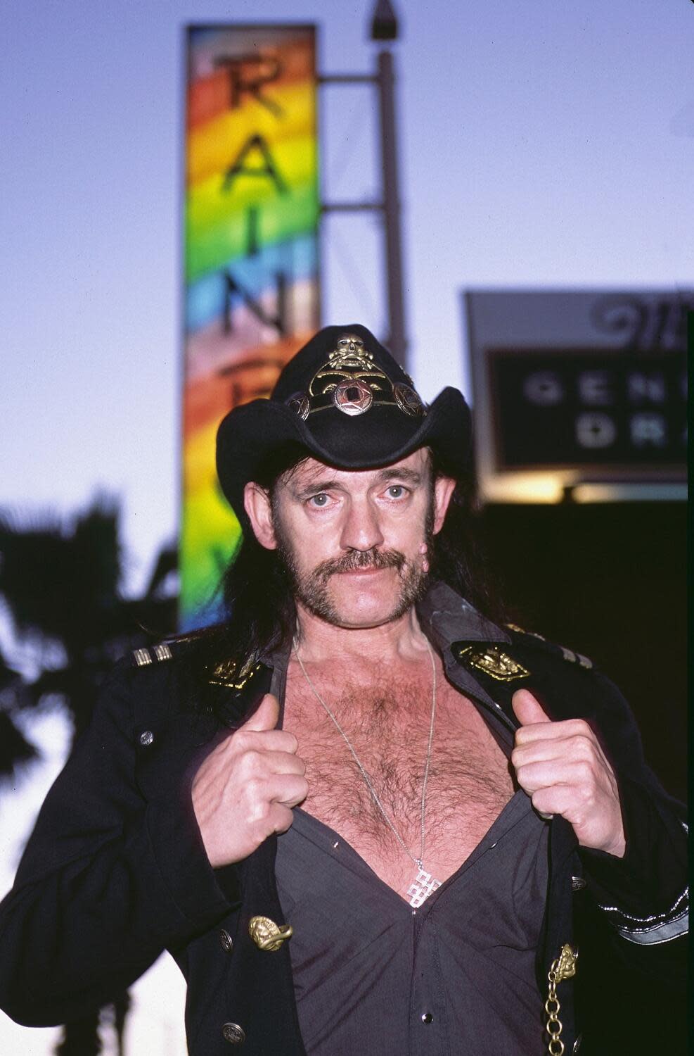 Motorhead's Lemmy Kilmister outside the Rainbow Bar and Grill.