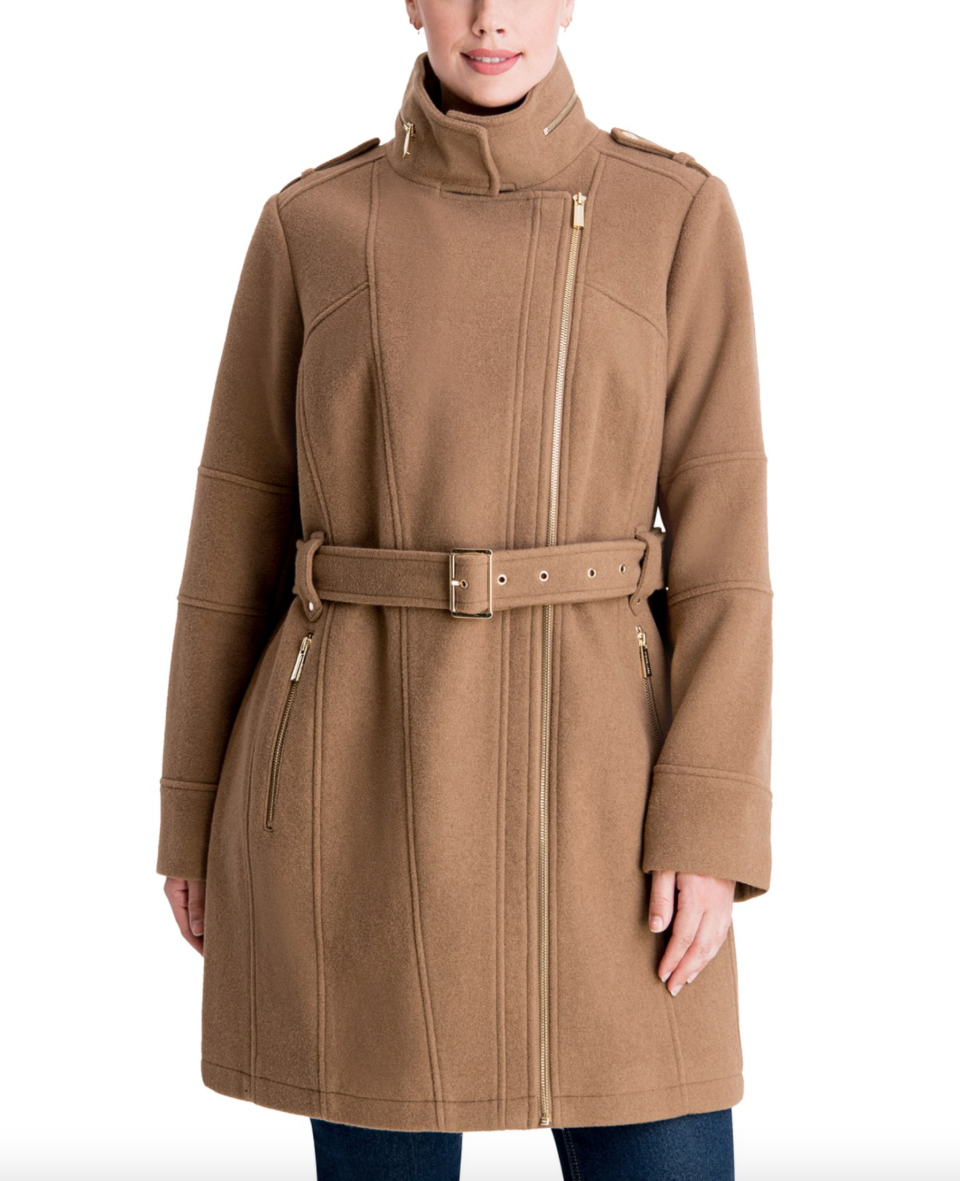 MICHAEL Michael Kors Plus Size Asymmetrical Belted Coat in Camel (Photo via Macy's)