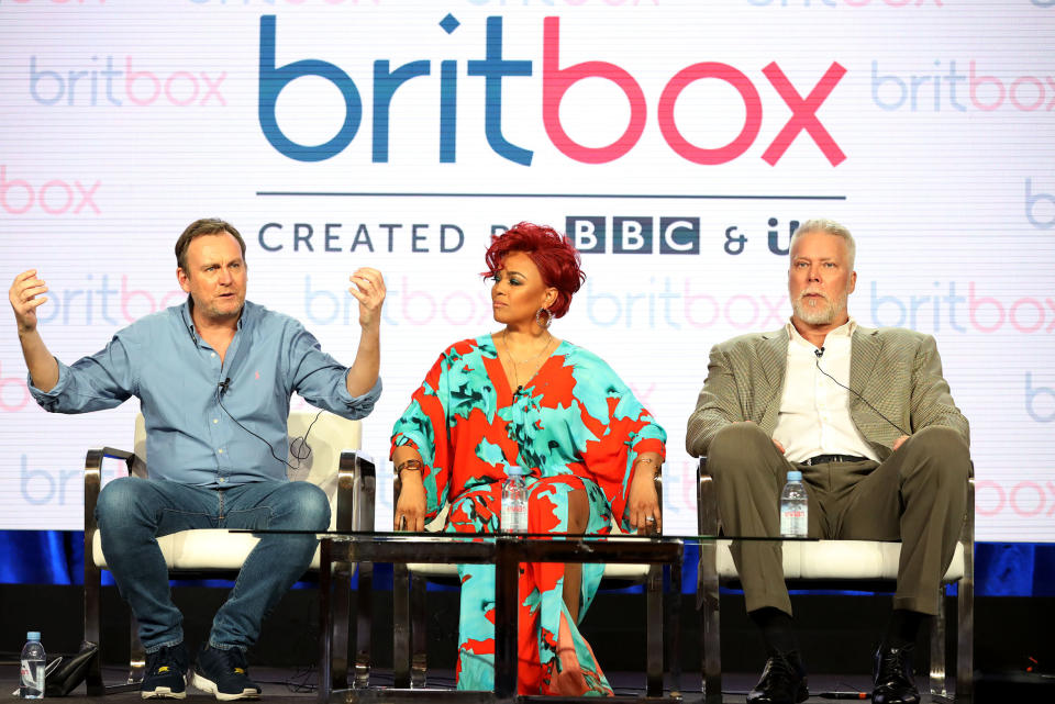 PASADENA, CALIFORNIA - FEBRUARY 09: (L-R) Philip Gienister, Kim Fields, and Kevin Nash of the television show "Living The Dream" speak during the 2019 Britbox segment of the 2019 Winter Television Critics Association Press Tour at The Langham Huntington, Pasadena on February 09, 2019 in Pasadena, California. (Photo by Frederick M. Brown/Getty Images)