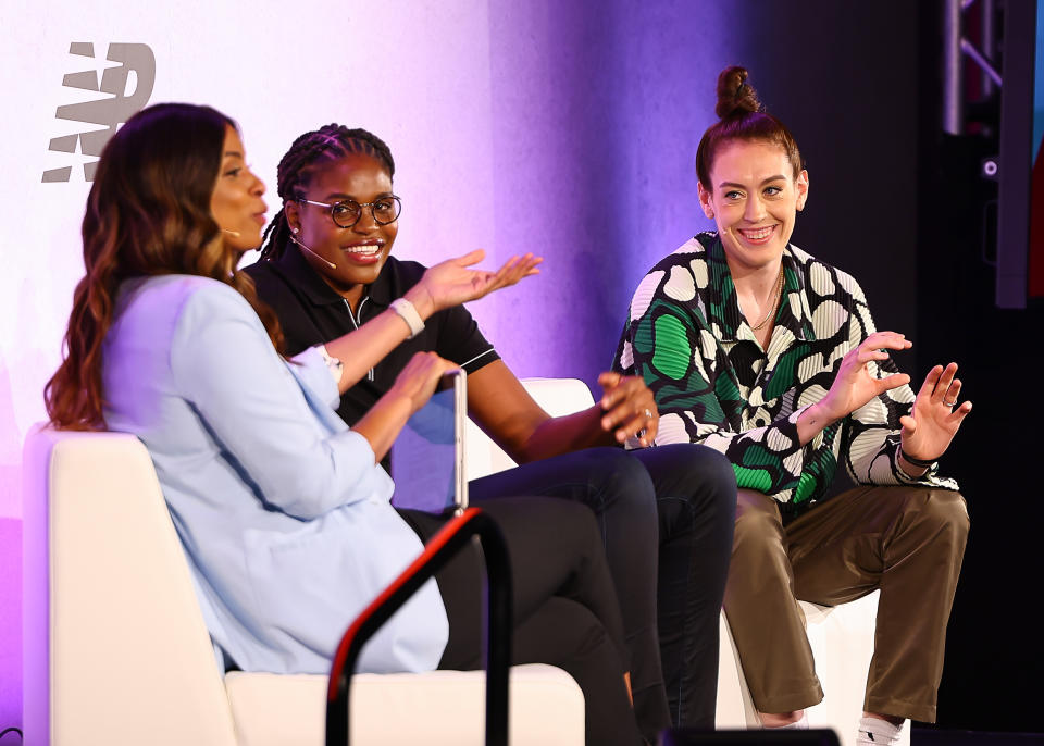 ESPN's LaChina Robinson with the New York Liberty's Jonquel Jones and Breanna Stewart during the 2023 espnW Summit NYC this month. Jones and Stewart are highly visible WNBA players. (Arturo Holmes/Getty Images)