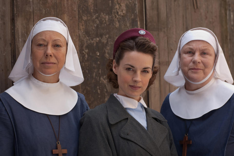 Sister Julienne (Jenny Agutter), Jenny Lee (Jessica Raine) and  Sister Evangelina (Pam Ferris). Photo by Laurence Cendrowicz © Neal Street Productions, 2011.