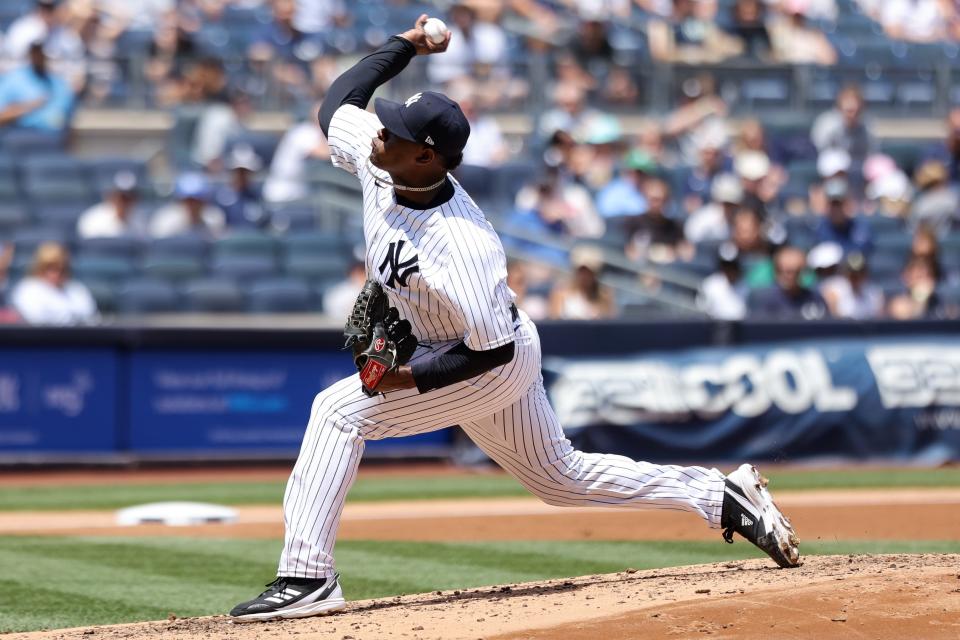 Jun 4, 2022; Bronx, New York, USA; New York Yankees starting pitcher Luis Severino (40) winds up during the fourth inning against the Detroit Tigers at Yankee Stadium.